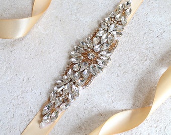 Gold Bridal Crystal Sash. Gold Rhinestone Pearl Applique Wedding Belt. Silver Bridal Sash.
