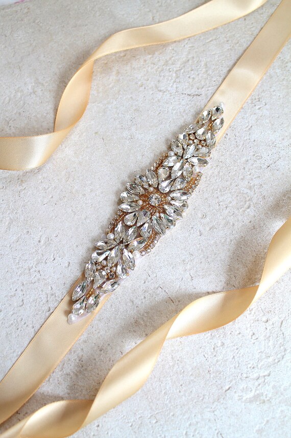 Gold Bridal Crystal Sash: Rhinestone Pearl Wedding Belt - Etsy display picture 2