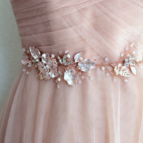 Rose gold Leaf Vine Bridal Sash. Blush Boho Swarovski Crystal Wedding Dress Belt. Silver, Gold Rhinestone Pearl  Floral Thin Slim. BEA
