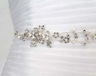 SALE. Silver Leaf Vine Pearl Delicate Sash. Bridal Crystal Flower Gold Wedding Belt. Rose gold Boho Wire Rhinestone Bridal Sash. EUGENIA