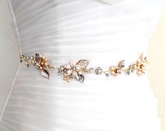 SALE. Gold or Rose gold Bridal Freshwater Pearl Leaf Vine Sash. Flower Crystal Boho Wedding Belt. Silver Bride Sash. PEARLESCENT