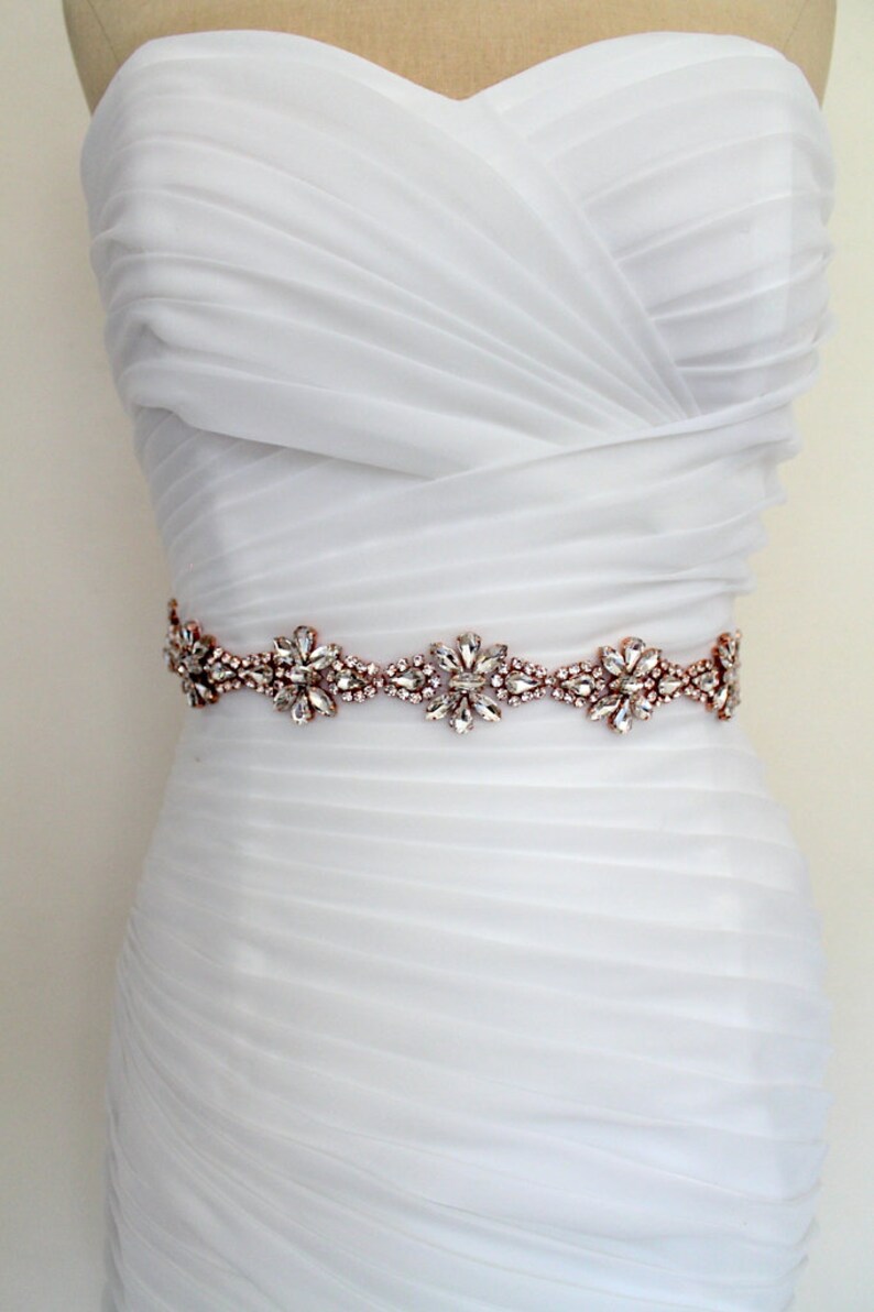 Luxury Glam Rose gold Crystal All Around Bridal Belt. Silver Rhinestone Wedding Dress Sash. Beaded Applique Trim Sash. CRYSTALLINE image 5