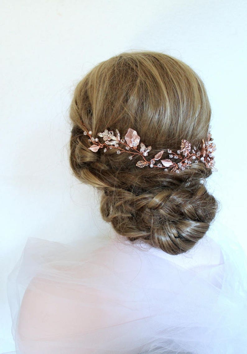 Rhinestone Pink Floral Rustic Hairpiece Blush Boho Crystal Pearl Wedding Wreath Headband Rose gold or Gold Leaf Vine Bridal Headpiece BEA