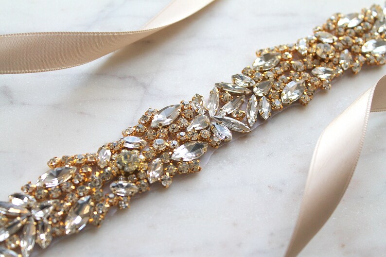 CRYSTALLINE GOLD All Around Beaded Bride Belt Rhinestone Diamond Diamante Jewel Bridal Sash Luxury Gold Crystal Beaded Wedding Dress Belt