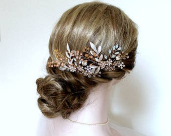 Bridal Gold Champagne Opal Boho Hair Comb. Leaf Vine Bronze Flower Crystal Headpiece. Blush Copper Wedding Rhinestone Hair Pin, Tiara, Crown