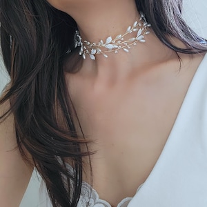 Pearl Leaf Vine Choker Necklace. Gold Bridal Delicate Hand Wired Ribbon Necklace. Wedding Bachelorette Party. Bridal Shower Gift.  ERIN