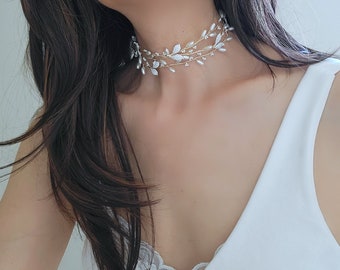 Pearl Leaf Vine Choker Necklace. Gold Bridal Delicate Hand Wired Ribbon Necklace. Wedding Bachelorette Party. Bridal Shower Gift.  ERIN