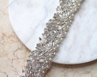 Austrian Crystal Leaf Bridal sash.  Beaded Rhinestone Pearl Wedding Dress Belt. 2"  FEUILLE