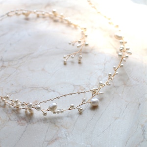 Bridal Freshwater Pearl Hair Vine. Gold or Silver Delicate Wedding Leaf Wreath, Halo. Minimalist Bride Headpiece, Tiara Crown Headband. JUNE image 4