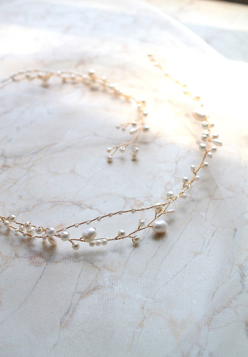 Bridal Freshwater Pearl Hair Vine. Gold or Silver Delicate Wedding Leaf Wreath, Halo. Minimalist Bride Headpiece, Tiara Crown Headband. JUNE image 4