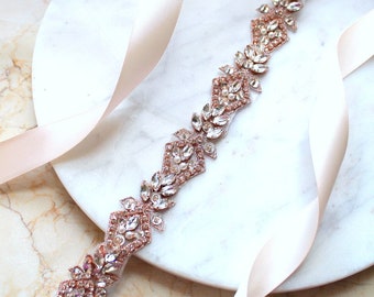 Luxury Crystal Rose gold Embroidered Beaded All Around Bridal Sash. Pearl Thin Wedding Dress Belt. Rhinestone Silver Applique Trim. EVA ROSE