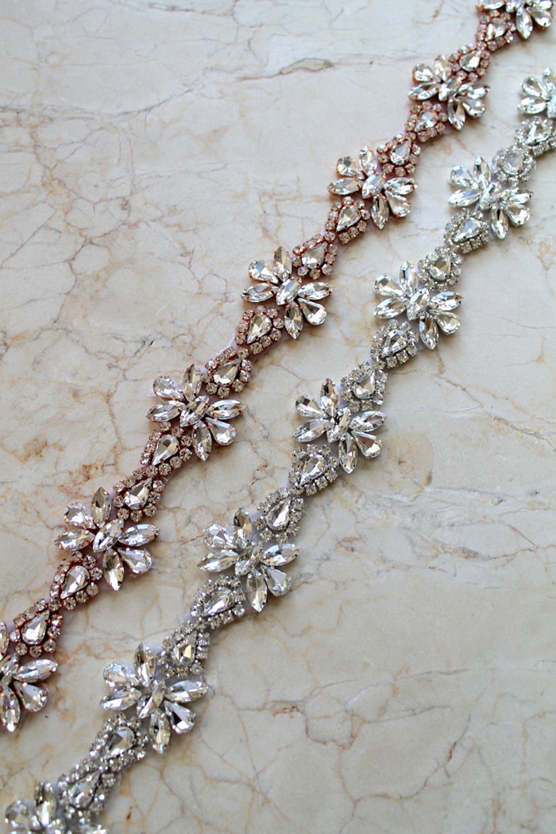 Luxury Glam Rose gold Crystal All Around Bridal Belt. Silver Rhinestone Wedding Dress Sash. Beaded Applique Trim Sash. CRYSTALLINE image 8