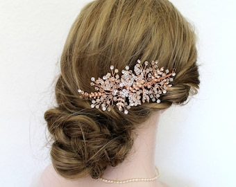Rose gold Leaf Vine Opal Pearl Bridal Headpiece. Gold Delicate Swarovski Crystal Boho Wedding Headband. Bridal Hair Comb, Wreath. ELSA