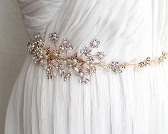 Gold or Silver Leaf Vine Wedding Dress Belt. Boho Crystal Freshwater Pearl Flower Bridal Sash. Rhinestone Thin, Slim Bride Belt. MARIE