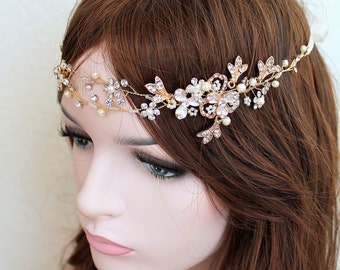 Gold Leaf Vine Bridal Headpiece. Boho Rose gold Crystal Pearl Wedding Wreath. Halo Headband,Silver Rhinestone Flower Hairpiece, Tiara. TEREZ