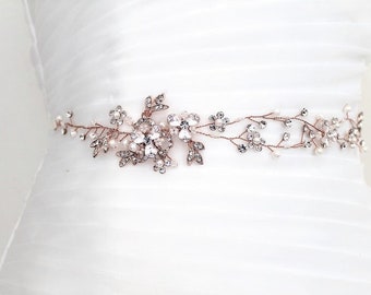 SALE. Rose gold Leaf Vine Crystal Delicate Sash. Gold Bridal Pearl Flower Wedding Belt. Boho Silver Wire Rhinestone Bridal Sash. EUGENIA