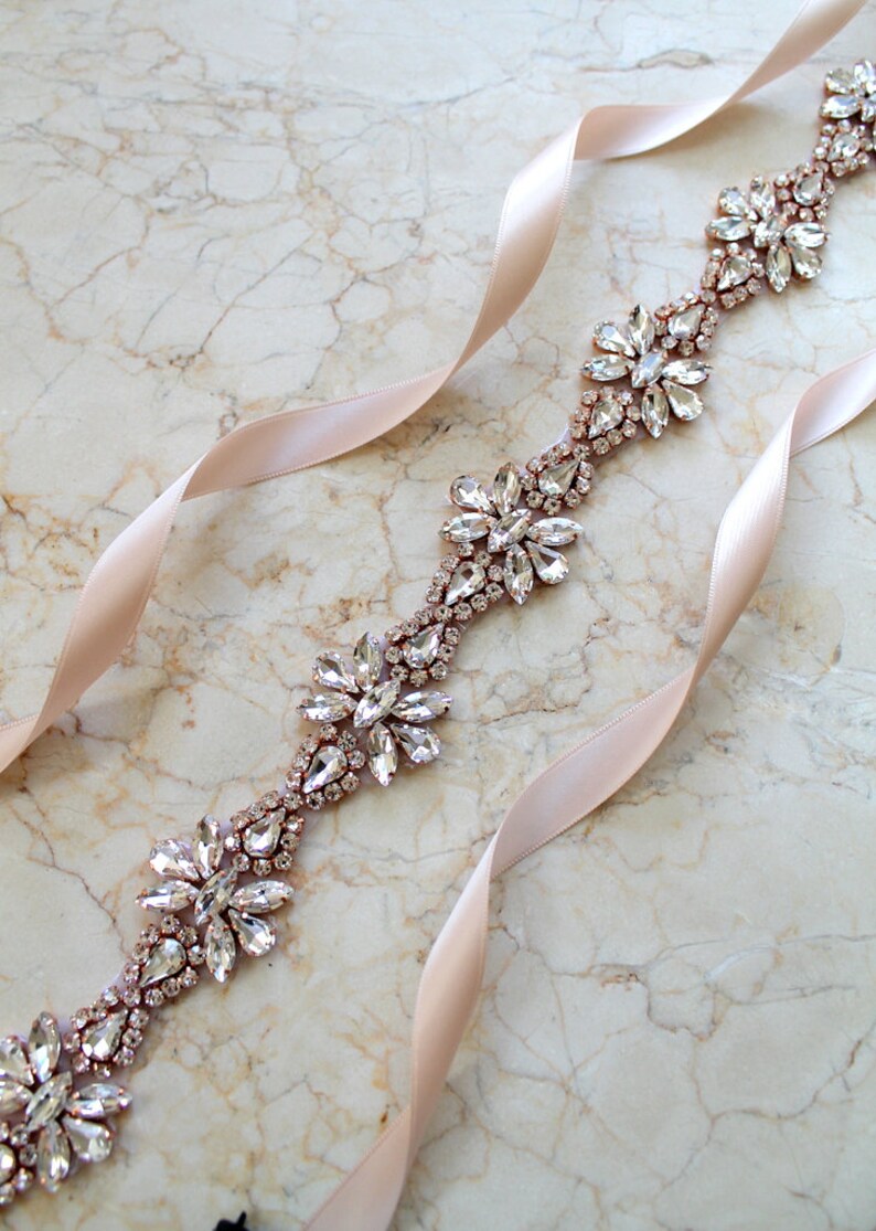 Luxury Glam Rose gold Crystal All Around Bridal Belt. Silver Rhinestone Wedding Dress Sash. Beaded Applique Trim Sash. CRYSTALLINE image 1