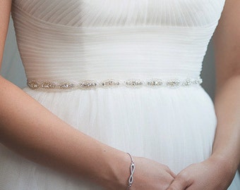 Bridal beaded oval crystal sash.  Slim rhinestone wedding dress belt.  Claire.