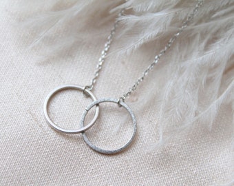 Silver Dual Circle Pendant Necklace. Interlocking Double Eternity, Infinity Charm Jewelry. Simple Bridesmaid Dainty Necklace