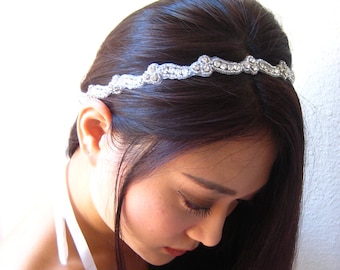 Bridal Beaded Czechoslovakia Crystal Headband. Silver  Rhinestone Wedding Headpiece.  EUGENIA.