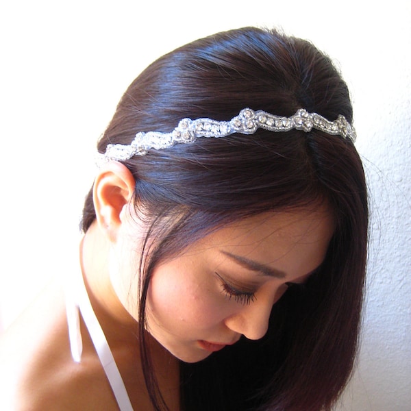 Bridal Beaded Czechoslovakia Crystal Headband. Silver  Rhinestone Wedding Headpiece.  EUGENIA.