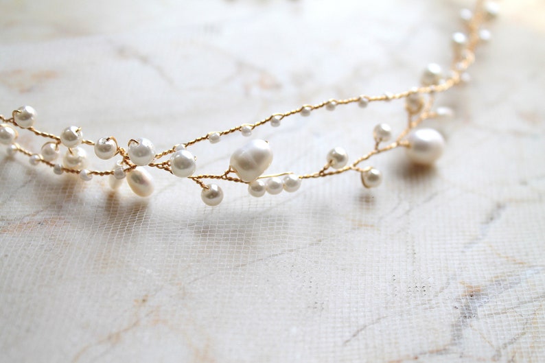 Bridal Freshwater Pearl Hair Vine. Gold or Silver Delicate Wedding Leaf Wreath, Halo. Minimalist Bride Headpiece, Tiara Crown Headband. JUNE image 3