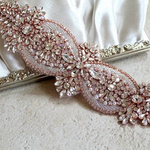 Rose gold Bridal Crystal Sash. Wide, Thick Rhinestone Pearl Luxury Wedding Dress Belt. Blush Pink Glam Bride Sash. image 3
