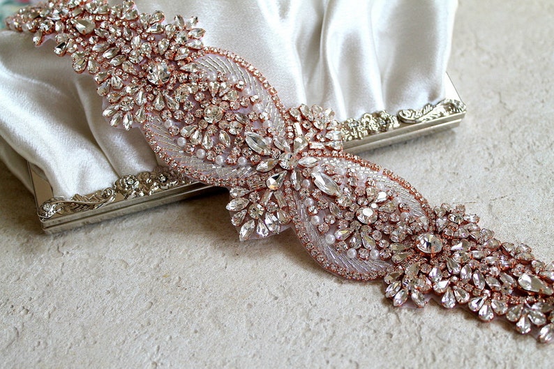 Rose gold Bridal Crystal Sash. Wide, Thick Rhinestone Pearl Luxury Wedding Dress Belt. Blush Pink Glam Bride Sash. image 3