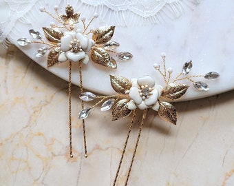 Bridal Ivory Cream Flower 2 pc Hair Pin Set. Gold Leaf Vine Delicate Hair Piece. Wedding Hair Jewelry.  MADELEINES