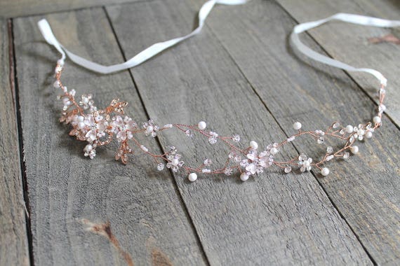 Rose Gold Leaf Bridal Headpiece: Crystal Pearl Boho Wedding 