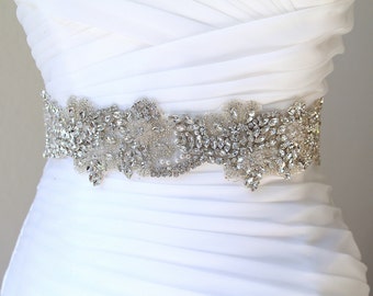 35% SALE. Silver Bridal Crystal Sash. Haute Couture Rhinestone Beaded Wedding Dress Belt. Pearl Luxury Bride Sash. LEANN