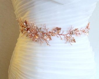 Rose gold Leaf Vine Bridal Sash. Blush Boho Delicate Crystal Wedding Dress Belt. Rhinestone Pearl Pink Floral Belt. BEA