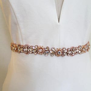 Rose gold or Gold Crystal Pearl Medallion Bridal Belt. Luxury Beaded Rhinestone Wedding Dress Sash. Bride Thin Belt. Beaded Applique. ELIE image 8