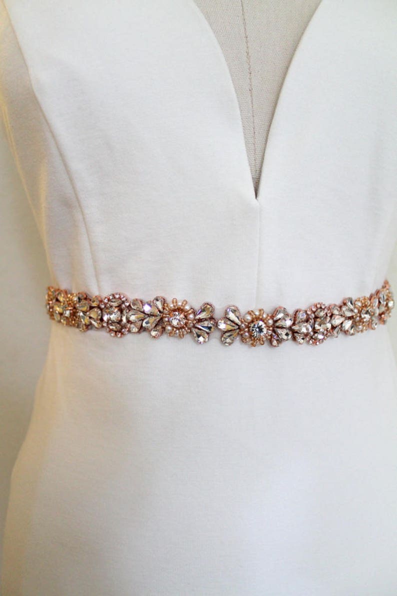 Rose gold or Gold Crystal Pearl Medallion Bridal Belt. Luxury Beaded Rhinestone Wedding Dress Sash. Bride Thin Belt. Beaded Applique. ELIE image 8