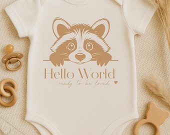 Baby bodysuit “Hello World – ready to be loved” – organic cotton – birth gift – newborn – unisex – raccoon design