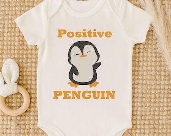 Positive Penguin Baby Bodysuit – cute organic romper with penguin motif & statement, perfect gift for birth or baby shower