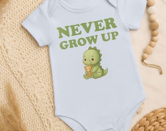Baby bodysuit "Never Grow Up" with dinosaur – organic cotton short-sleeved bodysuit – baby gift for birth – cute newborn outfit – handmade with love