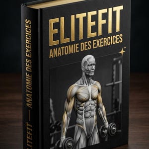 Może przedstawiać: Czarna książka w twardej oprawie z napisem ELITEFIT ANATOMIE DES EXERCICES złotymi literami. Okładka przedstawia ilustrację w odcieniach szarości umięśnionej postaci ludzkiej trzymającej hantle, ze złotymi akcentami.
