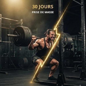 30-day mass gain fitness program in PDF + free AI coach app — ideal for beginners, gym or home.
