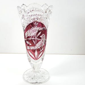 Vintage Ruby Flash Clear Crystal Bird Vase Sawtooth Rim 10.5" x 4.5"