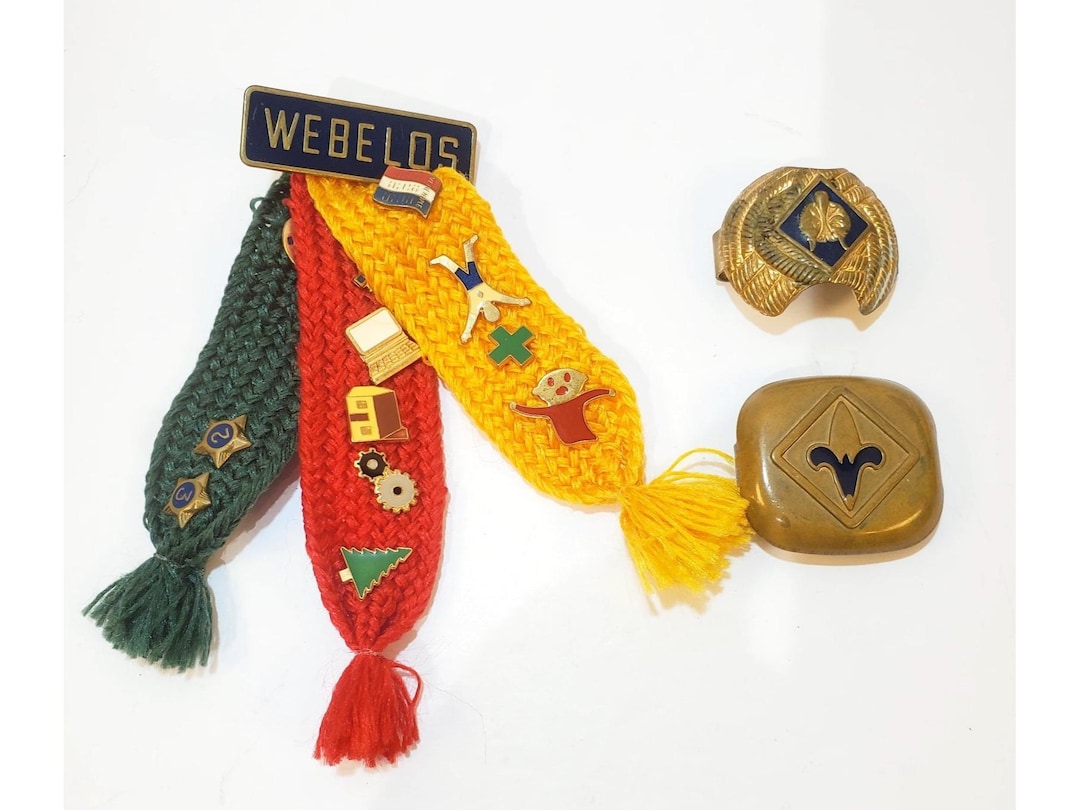 Vtg Boy Scouts BSA Webelos Tri-color Ribbon 12 Merit Badge Pins & 2 ...