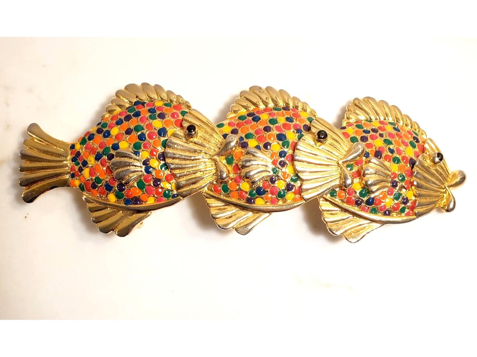 Vintage 1991 Mimi Di N Gold Tone and Rainbow Enamel Triple Fish Belt Buckle HTF Mimi Di N Rainbow Fish Belt Buckle: Gold Metal Hand-painted  main image 3
