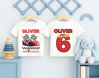 Racing Theme Birthday Shirt for Boys, Custom Name Age, Red Speed Car Design