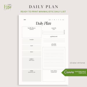 Puede incluir: Una plantilla de planificador diario minimalista con secciones para la salud, citas y notas. El diseño incluye el texto "Daily Plan" y "Ready to Print Minimalistic Daily List". La plantilla está disponible en formatos US letter y A4.