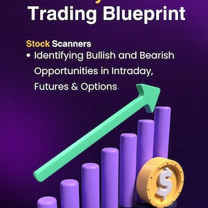 May include: An image with the text "Intraday Trading Blueprint" and "Stock Scanners." It features a green arrow pointing upwards over purple bar graphs and a gold coin with a dollar sign. The author's name, Ranjan Sethi, is at the bottom.