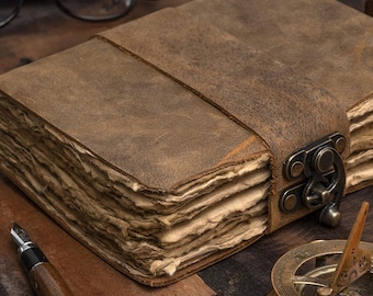 Handmade Leather Journal with Lock, Antique Deckle Edge Paper