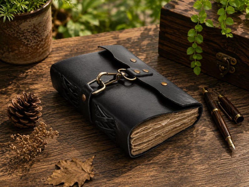 May include: A black leather journal with a clasp closure and aged paper pages. The journal is adorned with brass hardware and embossed detailing. Two pens are next to the journal. The journal is on a wooden surface.