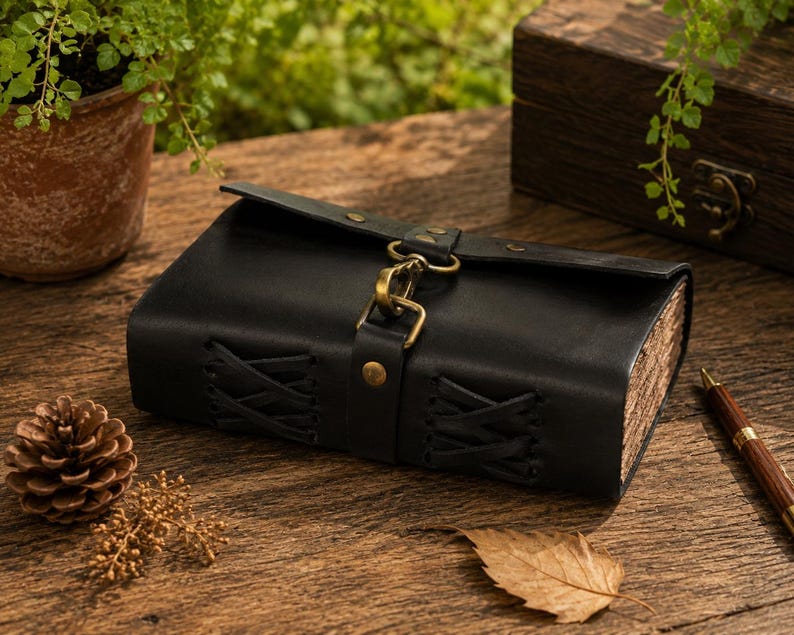 May include: A black leather journal with a flap closure and a brass clasp. The journal has stitched detailing on the front and aged paper pages. A pen and a pinecone are on the wooden surface.