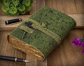 Green Embossed Leather Journal with Lock, Vintage Floral Notebook, Rustic Travel Diary