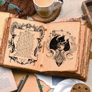May include: An open, aged-looking book with the title "Book of Shadows" and decorative illustrations. The right page features a wolf and moon design. A cup of coffee, glasses, and pencils are also visible.
